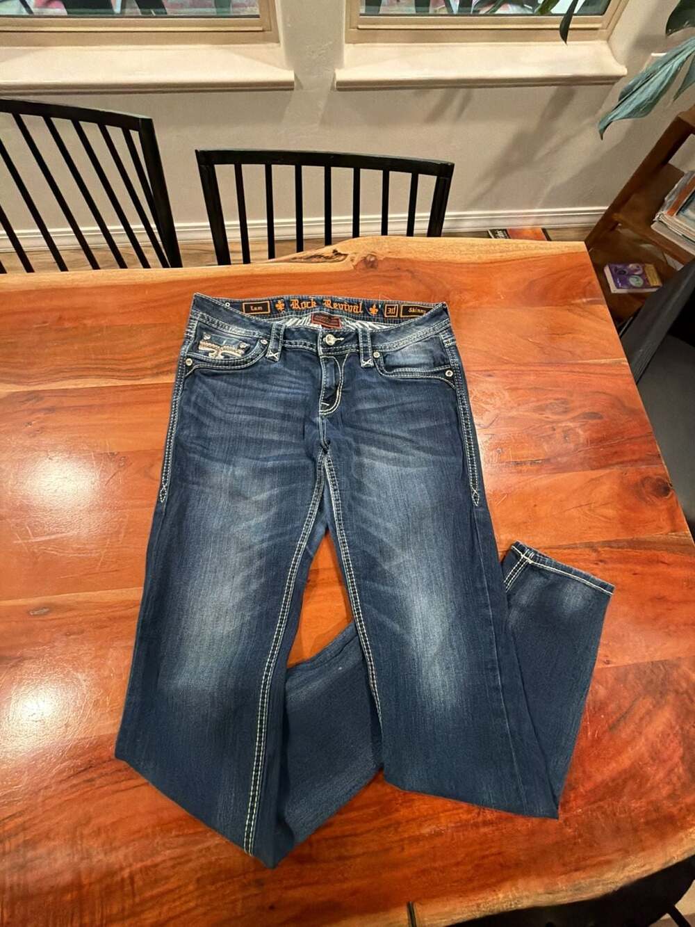 Rock Revival Leni Skinny Jeans Size 30 Dark Wash Rhinestone Bling Pocket
